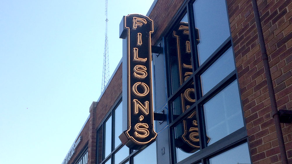 Large projecting blade sign, neon filsons Detroit