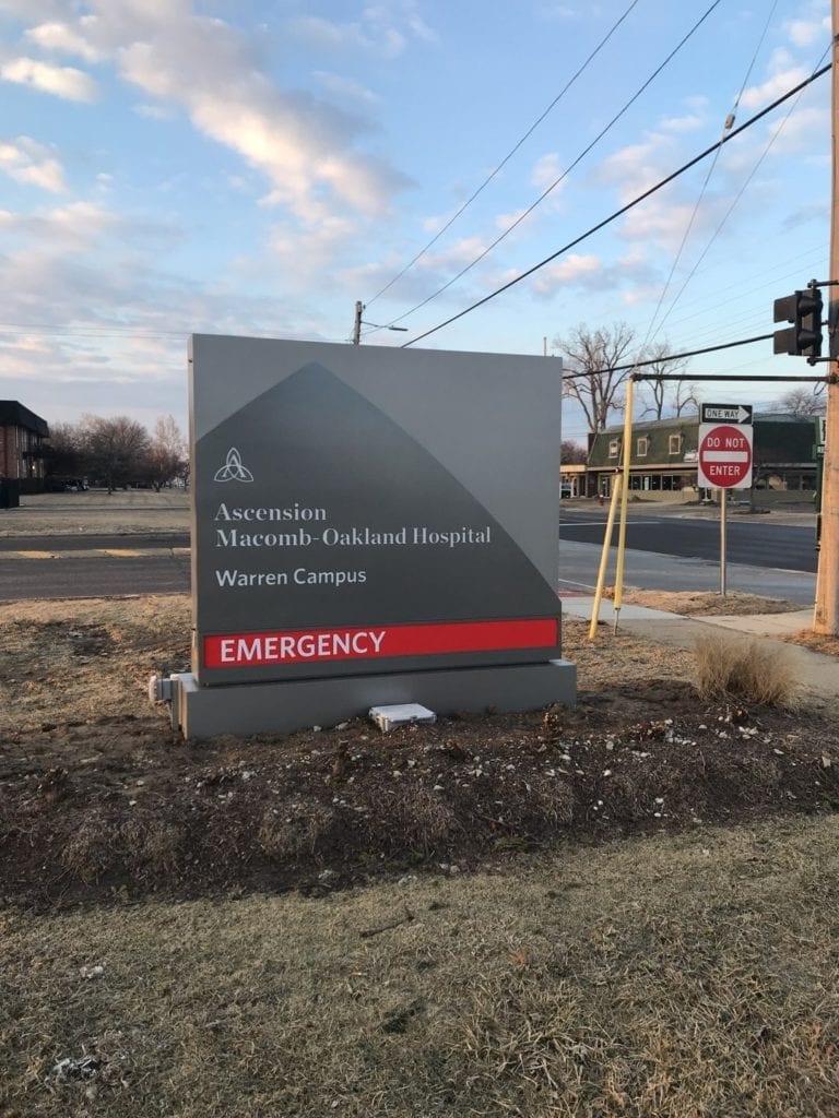 Hospital Monument Sign - directional, wayfinding, red and gray sign