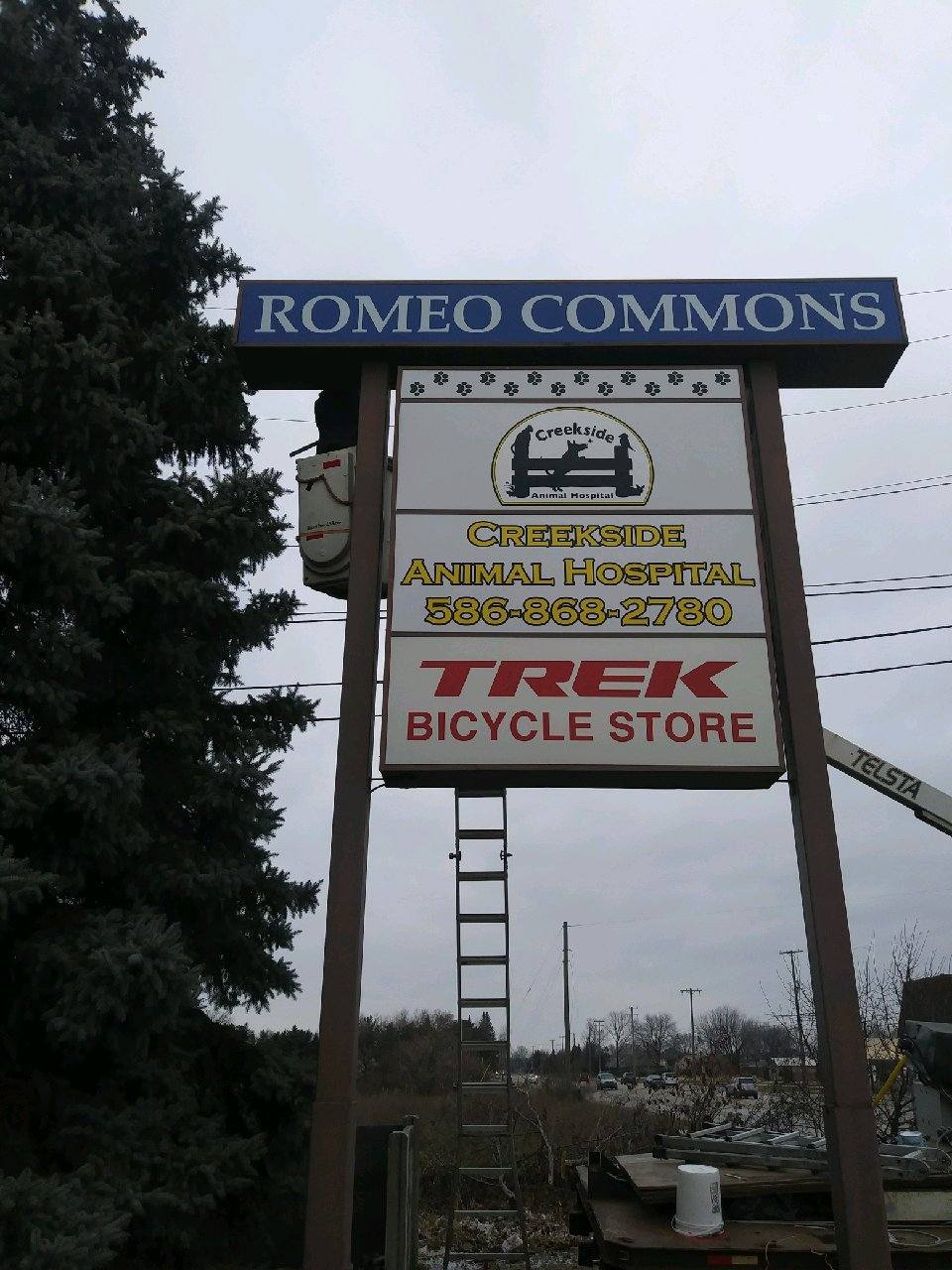 Romeo Commons Double Pole Pylon Sign " Creekside Animal Hospital" " Trek Bicycle Store" Faces