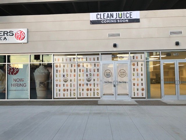 Clean Juice Temporary Signage vinyl window doors graphics logo