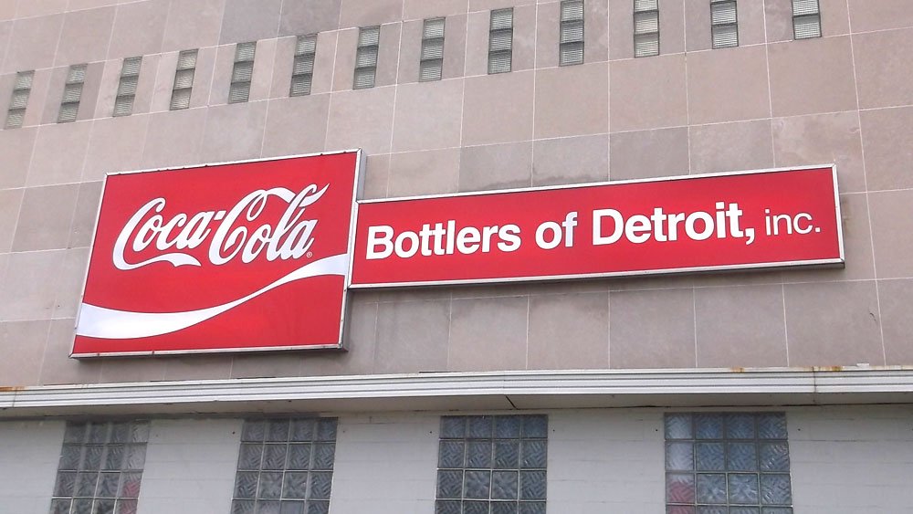 Coca-Cola retro vintage box sign storefront branding logo face "Bottlers of Detroit" cabinet