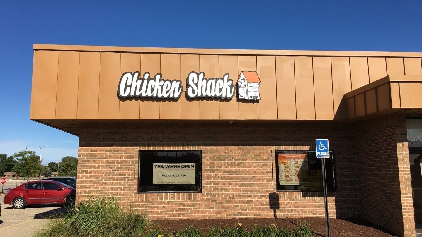 Channel letter building sign with logo for newly renovated Chicken Shack