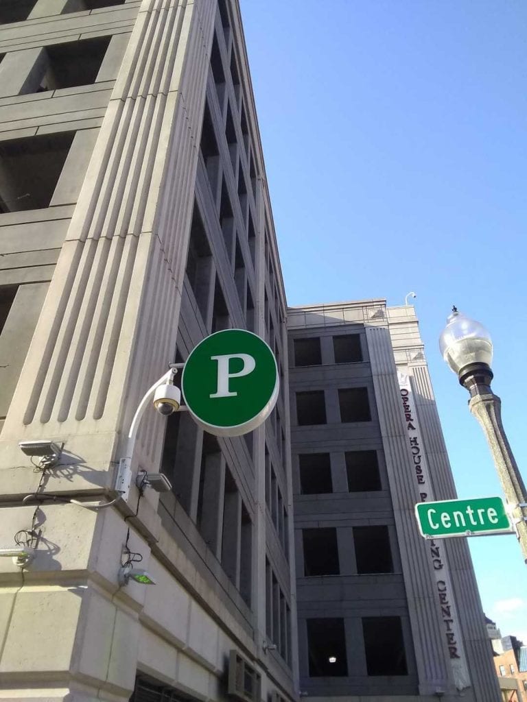 Detroit Opera House Parking Blade Sign, projecting round green P