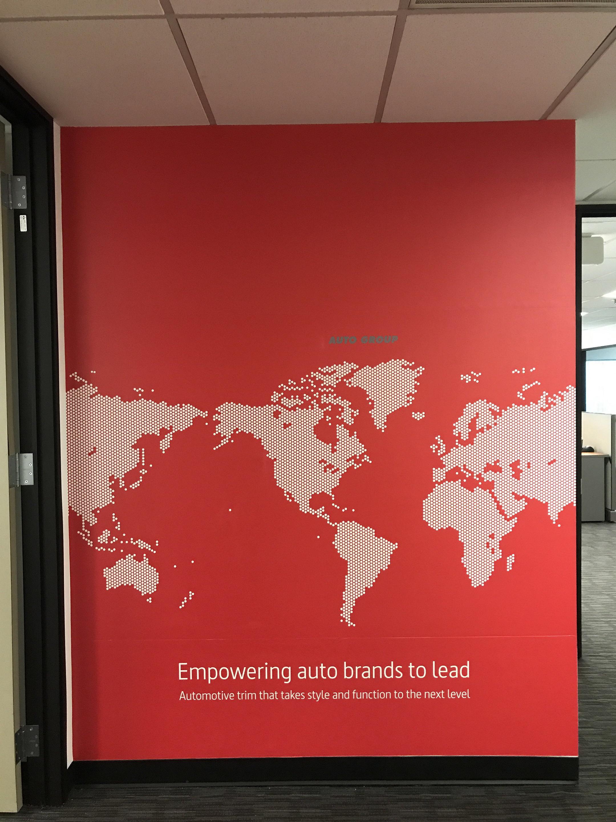 Stanley Office Empowering auto brands world map wall graphics vinyl interior dots automotive