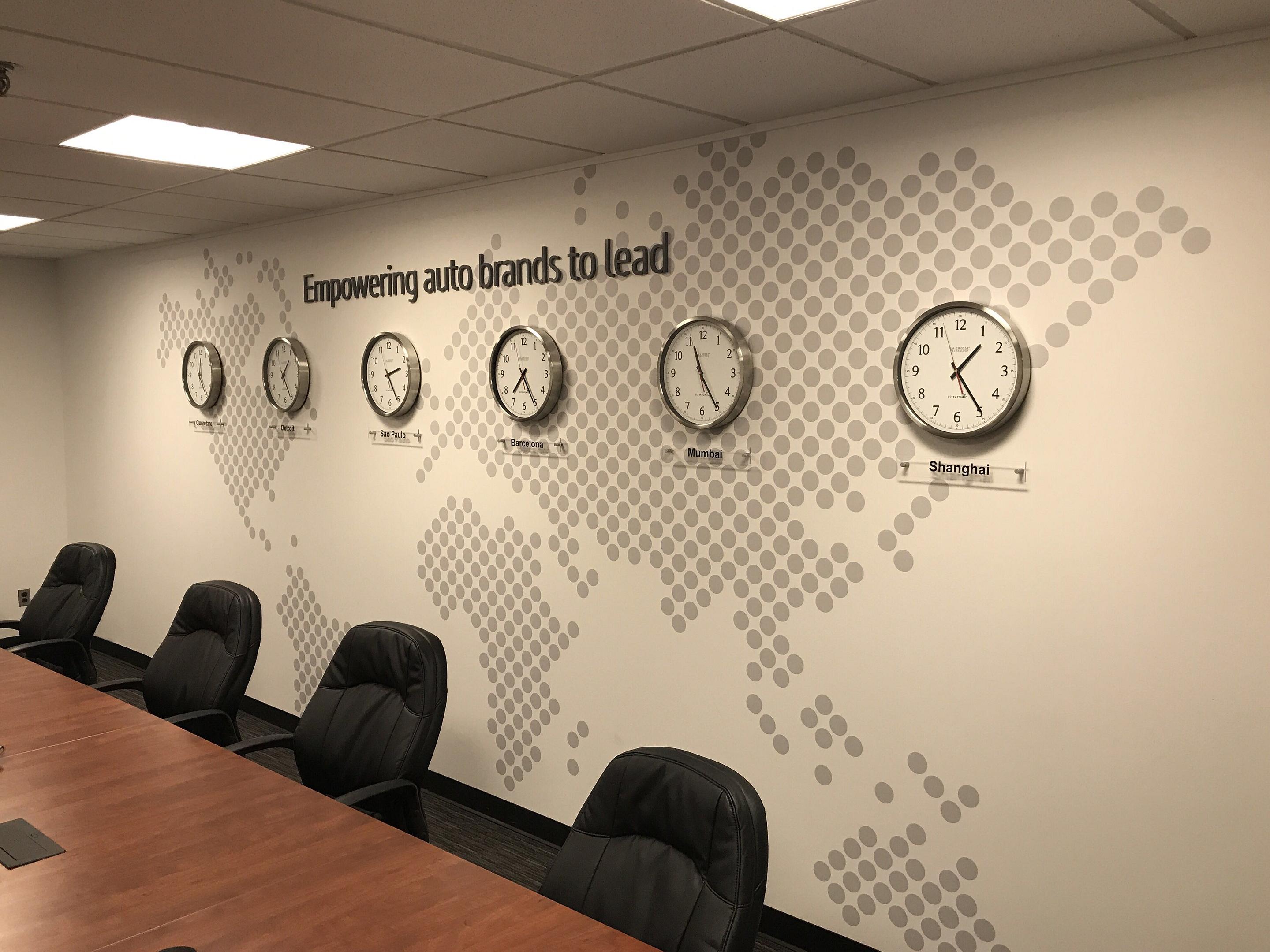 Wall dots stanley empoering auto brands to lead clocks wall interior vinyl graphics world map dots