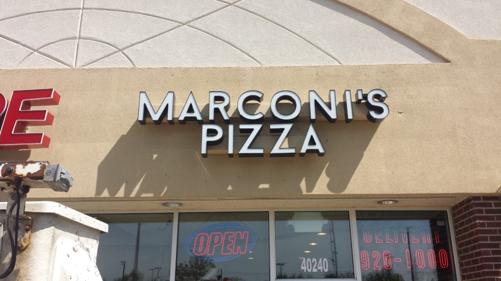 WHITE CHANNEL LETTERS FOR MARCONI'S PIZZA