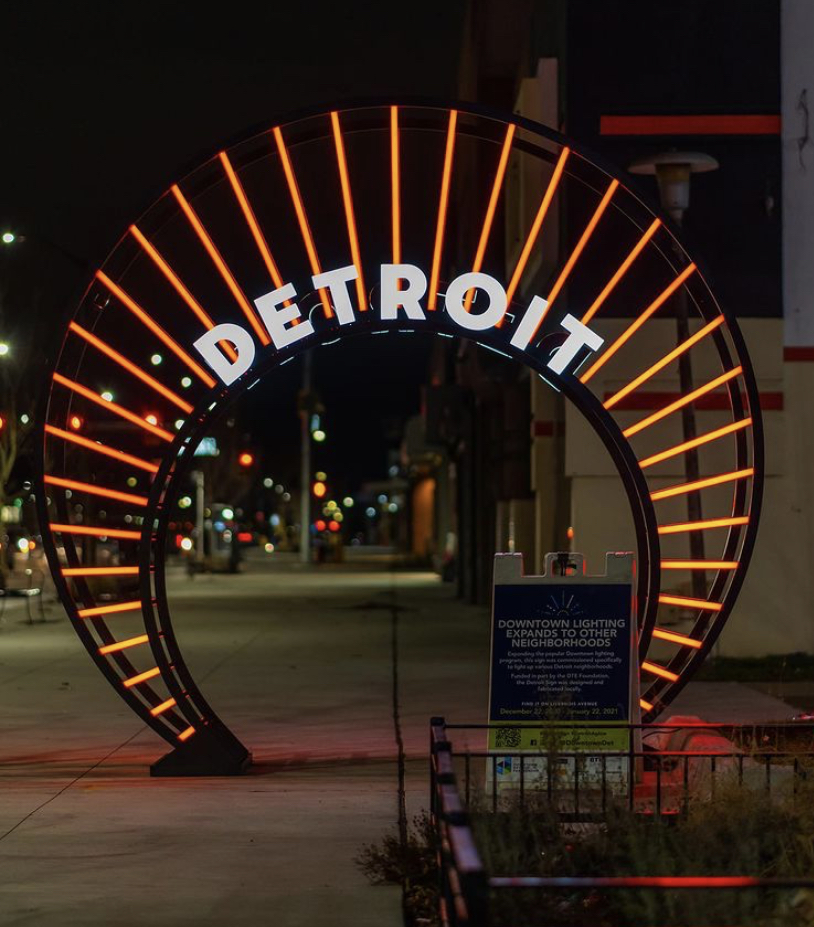 Moving Detroit Arch across different neighborhoods, orange LED