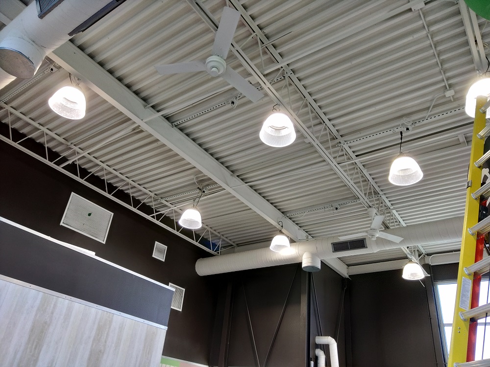 Interior LED Retrofit McDonald's, electrical install, new fixtures, high bay lighting, truss mount