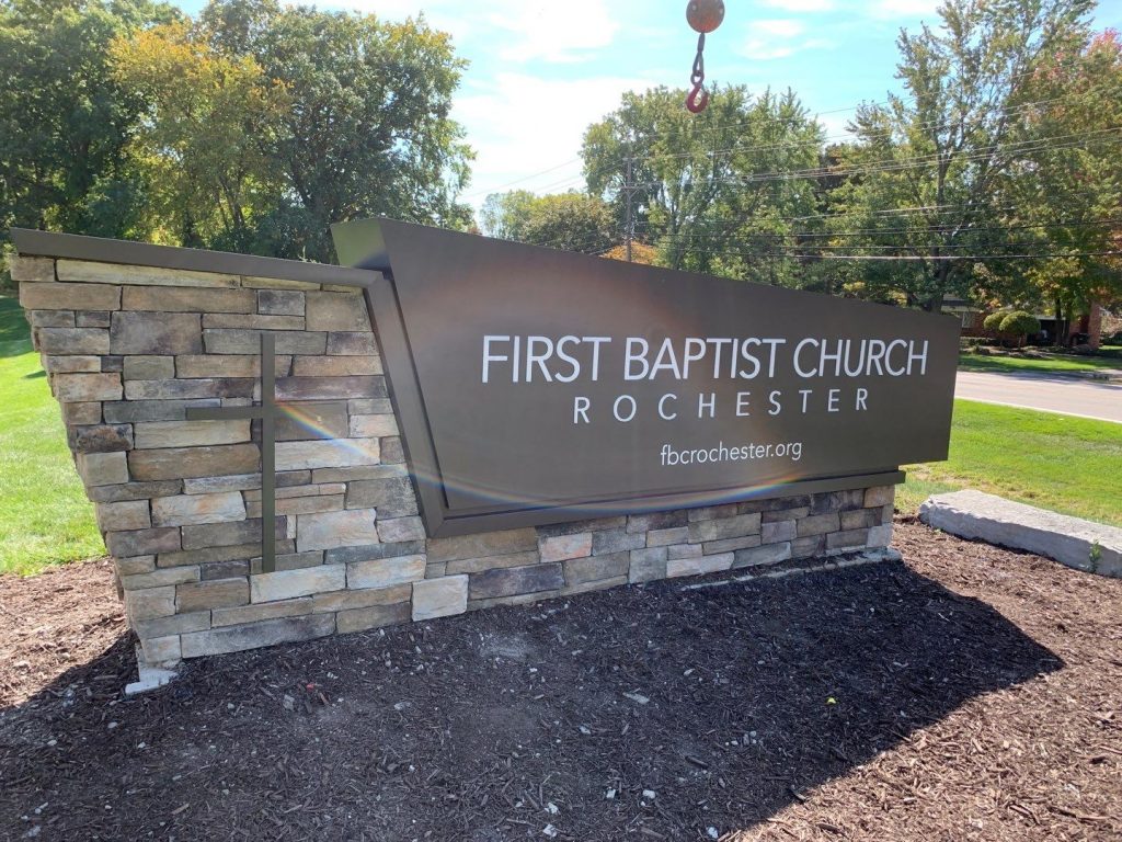 First Baptist Church Rochester brick base illuminated cross design fabrication install